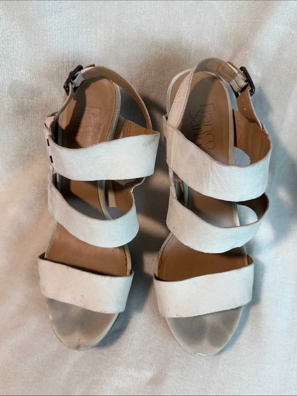 Franco Sarto White Natural Leather Strappy High-Heel Sandals, Size 9